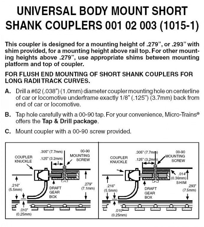 Micro Trains Line N 00110006 (1015-1-10) Universal Body Mount Couplers Short Shank Assembled - 10 Pair