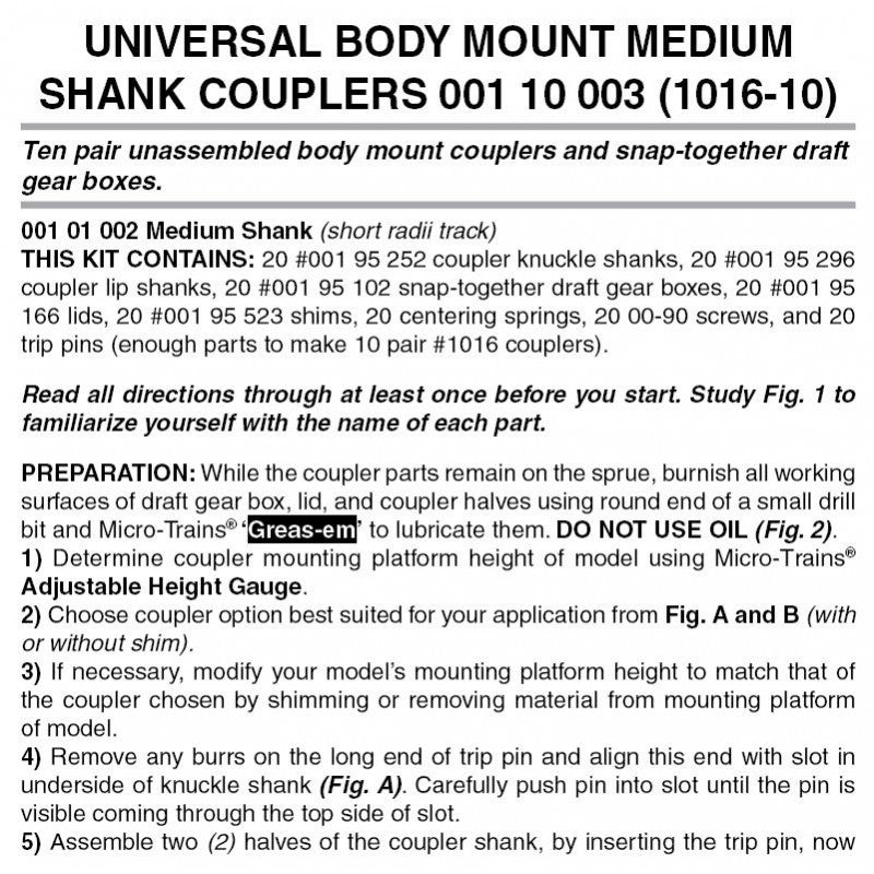 Micro Trains Line N 00110003 (1016-10) Universal Body Mount Couplers Medium Shank Bulk Pack – 10 pair