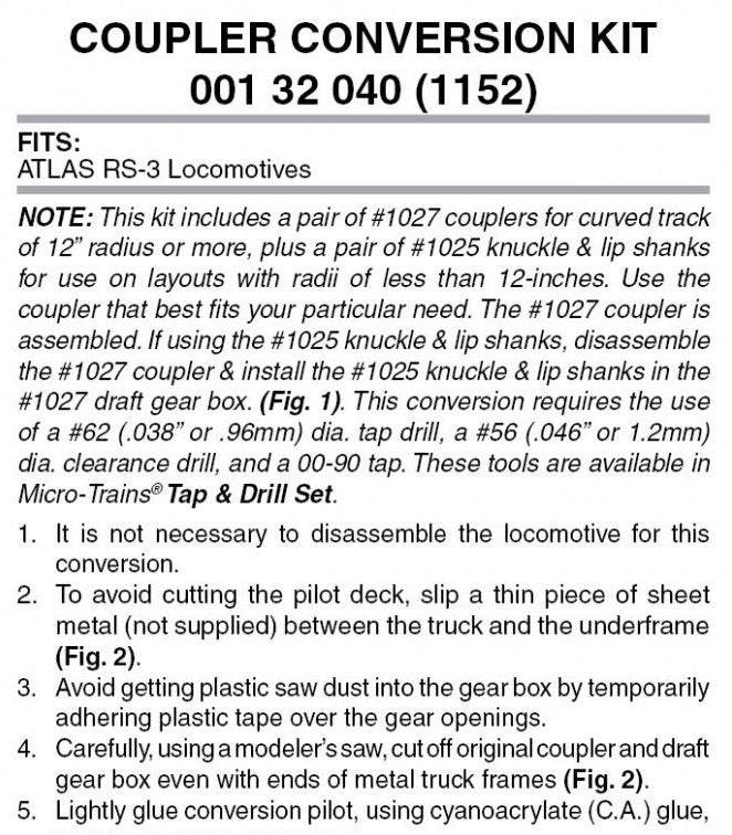 Micro Trains Line N 00132040 (1152) Locomotive Coupler Conversion Kit with Pilot Face RS3 - 1 Pair