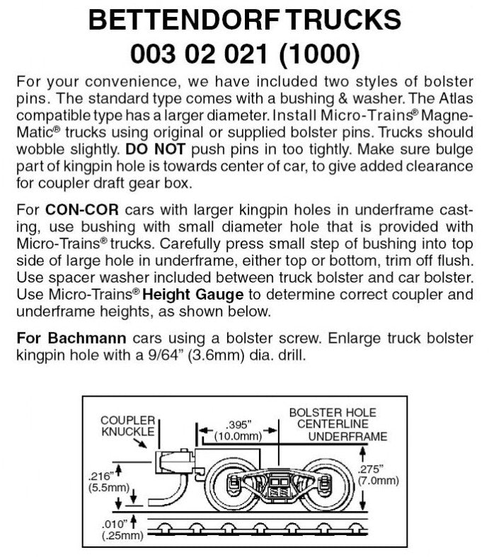 Micro Trains Line N 00302021 (1000) Bettendorf Trucks with Short Extension Couplers - 1 Pair