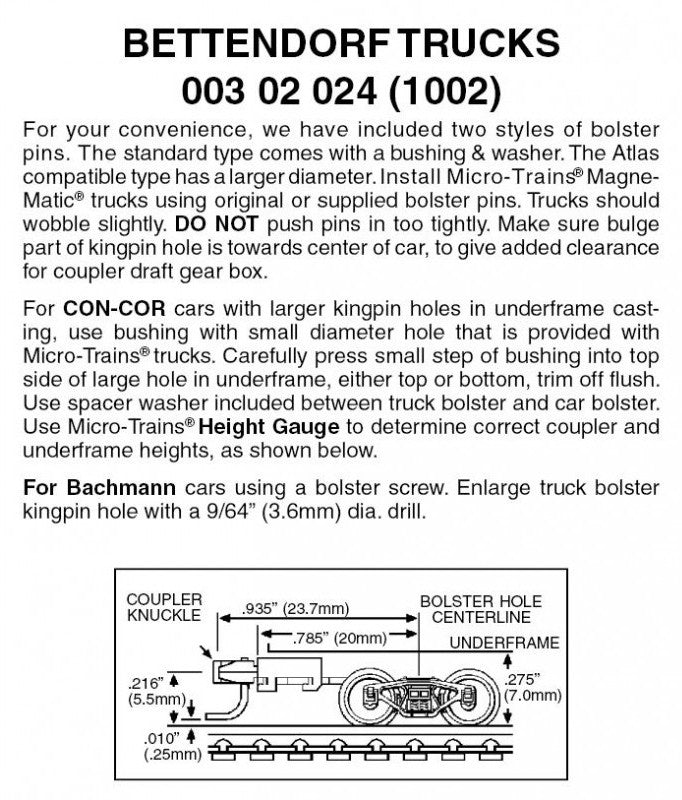 Micro Trains Line N 00302024 (1002) Bettendorf Trucks with Long Extension Couplers - 1 Pair