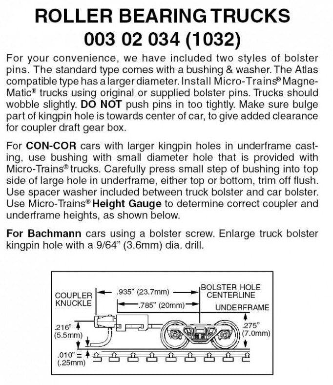 Micro Trains Line N 00302034 (1032) Roller Bearing Trucks with Long Extension Couplers - 1 Pair