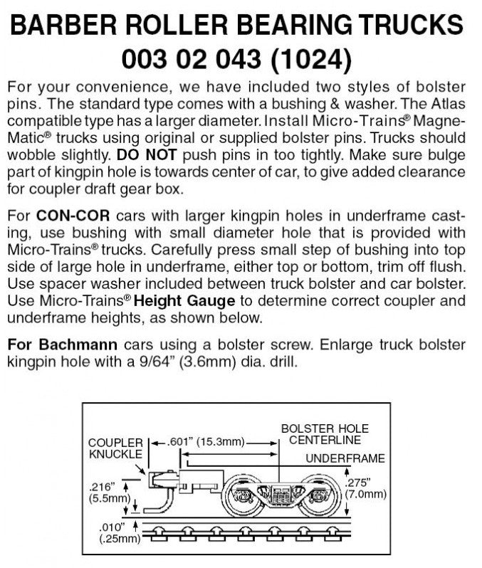 Micro Trains Line N 00302043 (1024) Barber Roller Bearing Trucks with Medium Plus Extension Couplers - 1 Pair