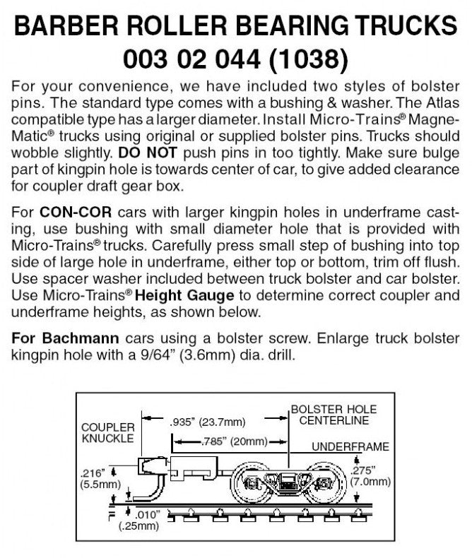 Micro Trains Line N 00302044 (1038) Barber Roller Bearing Trucks with Long Extension Couplers - 1 Pair