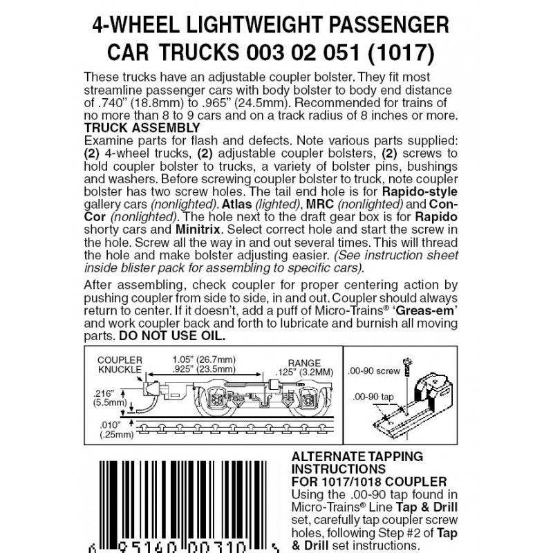 Micro Trains Line N 00302051 (1017) 4-Wheel Lightweight Passenger Car Trucks with Adjustable Couplers - 1 Pair