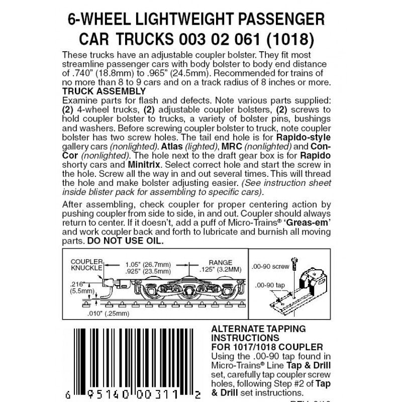 Micro Trains Line N 00302061 (1018) 6-Wheel Lightweight Passenger Car Trucks with Adjustable Couplers - 1 Pair