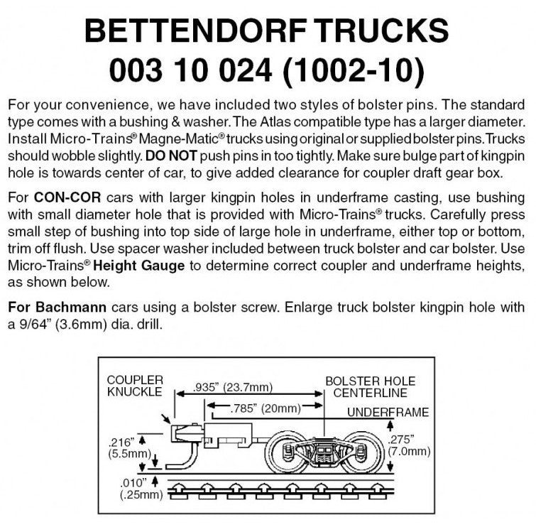 Micro Trains Line N 00310024 (1002-10) Bettendorf Trucks with Long Extension Couplers - 10 Pair