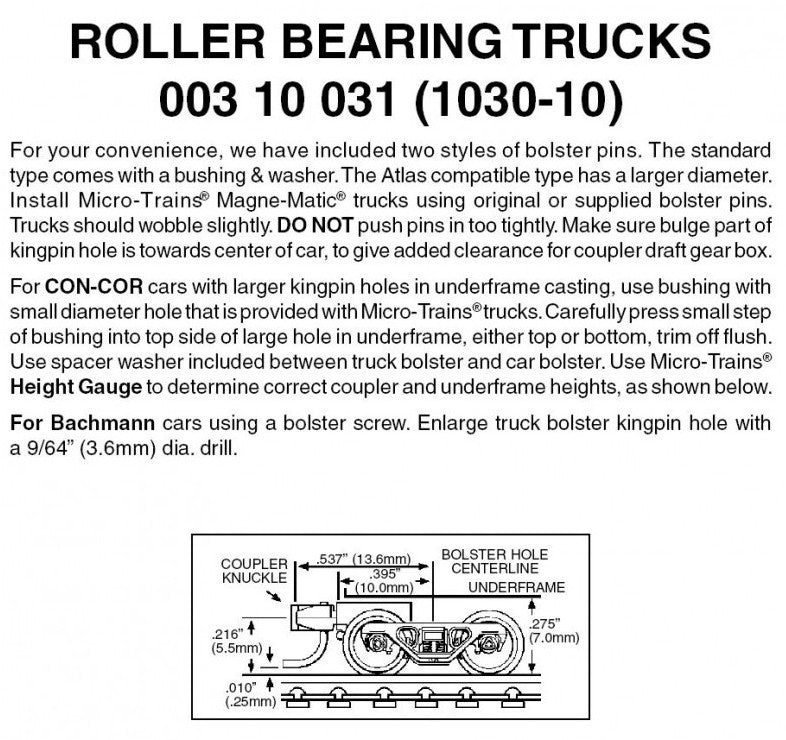 Micro Trains Line N 00310031 (1030-10) Roller Bearing Trucks with Short Extension Couplers - 10 Pair