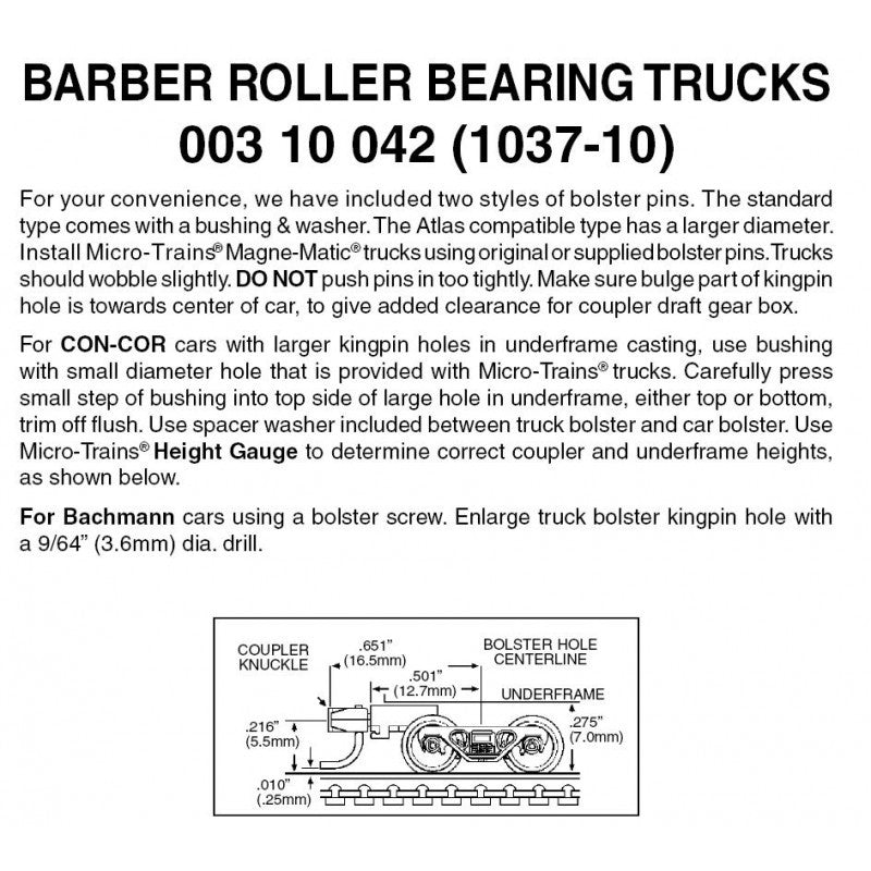 Micro Trains Line N 00310042 (1037-10) Barber Roller Bearing Trucks with Medium Extension Couplers - 10 Pair