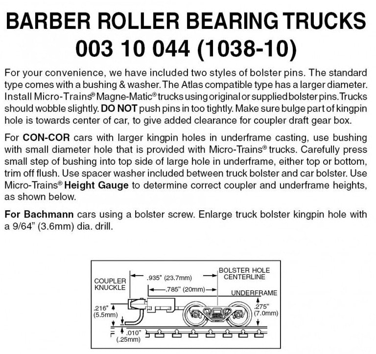Micro Trains Line N 00310044 (1038-10) Barber Roller Bearing Trucks with Long Extension Couplers - 10 Pair