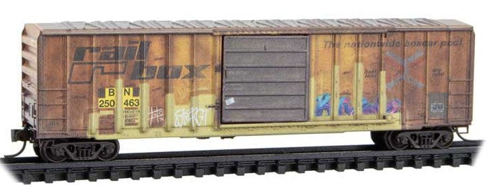 Micro Trains Line N 025144019 50' Rib-Side Single-Door Boxcar No Roofwalk Weathered Burlington Northern 'ex-Railbox' BN #250463