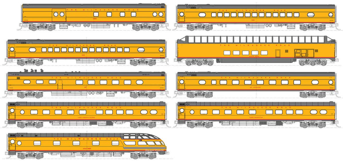 Kato N 106-089 Olympian Hiawatha 9-Car Passenger Set 'Post-1955 Version' Milwaukee Road Armour Yellow