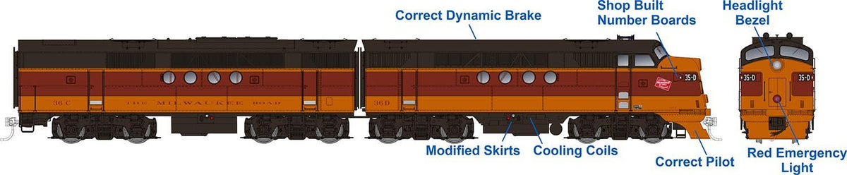 Rapido Trains Inc HO 53015 DCC Ready EMD FT A+B Locomotive Set Milwaukee Road "1948 Scheme" MILW #35D + 35C