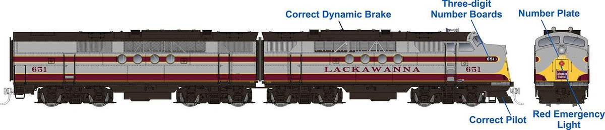 Rapido Trains Inc HO 53019 DCC Ready EMD FT A+B Locomotive Set Lackawanna Grey & Maroon DL&W #653A + 653B