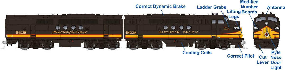 Rapido Trains Inc HO 53029 DCC Ready EMD FT A+B Locomotive Set Northern Pacific "Pine Tree Scheme" NP #5409D + 5409C