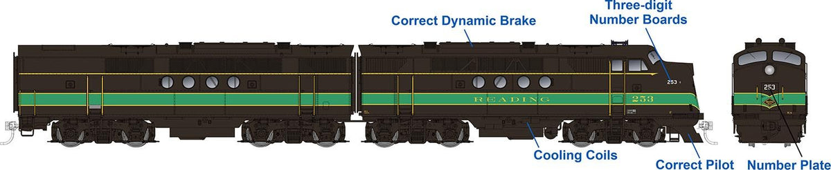 Rapido Trains Inc HO 53031 DCC Ready EMD FT A+B Locomotive Set Reading Black & Green RDG #256A + 256B