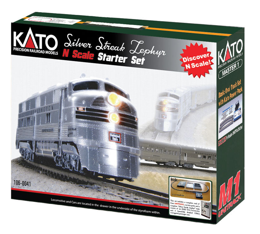 Kato N 106-0041 DCC Ready Silver Streak Zephyr Starter Set - Chicago, Burlington & Quincy