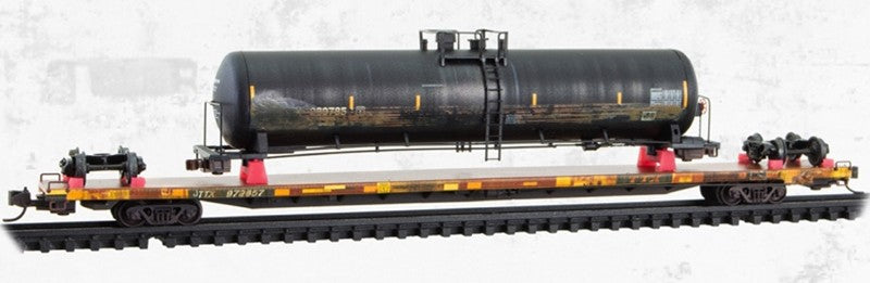 Atlas Micro-Trains N 071144941 89' TTX TOFC Flat Car Weathered W/ "Wrecked" Tank Car Load JTTX #972657- Kit
