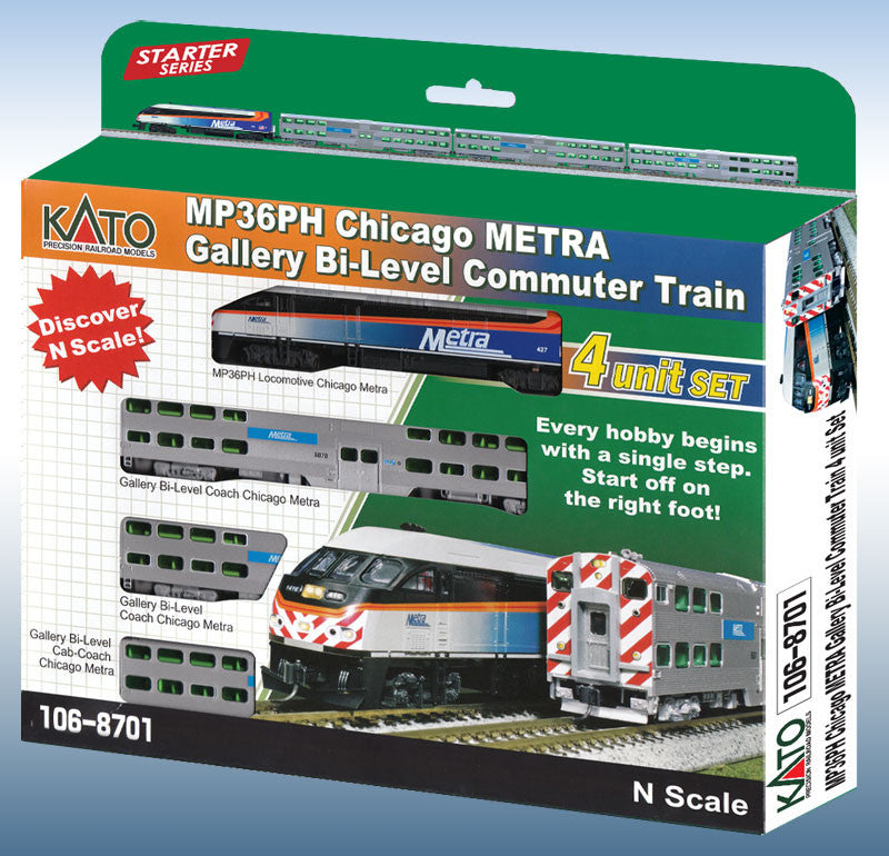 Kato N 106-8701 Chicago METRA MP36PH and METRA Bi-Level Commuter Train 'Starter Series' 4 Piece Set