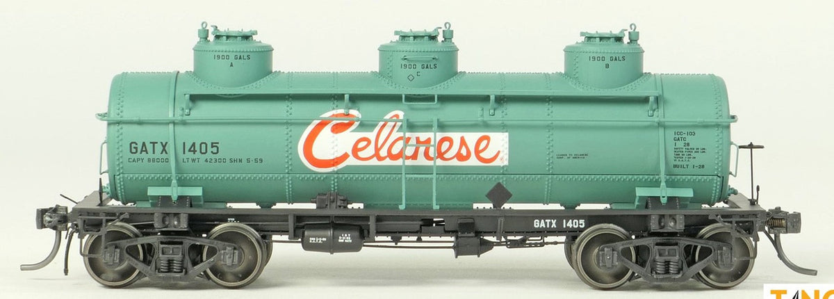 Tangent Scale Models HO 11510-05 General American 1928-Design 6000 Gallon 3-Compartment Tank Car GATX 'Celanese' Green 1959+ GATX #1405