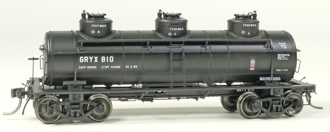 Tangent Scale Models HO 11525-01 General American 1928-Design 6000 Gallon 3-Compartment Tank Car GRYX 'John H Grace Black Lease 1968+' GRYX #810
