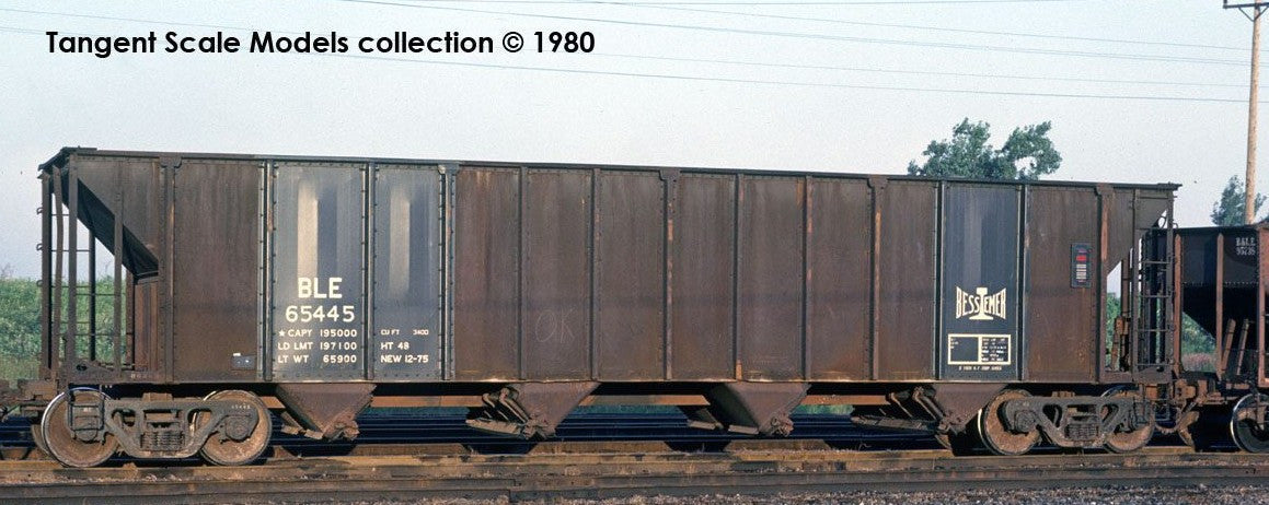 Tangent Scale Models HO 32060-32 Pullman-Standard 3400CuFt Quad Coal Hopper Bessemer and Lake Erie 'Delivery Cor-ten Black 1975' BLE #65308
