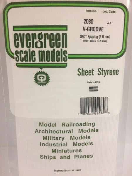 Evergreen Scale Models 2080 - .020" Thick .080" Groove Spacing Opaque White Polystyrene V-Groove Siding - 1 Piece