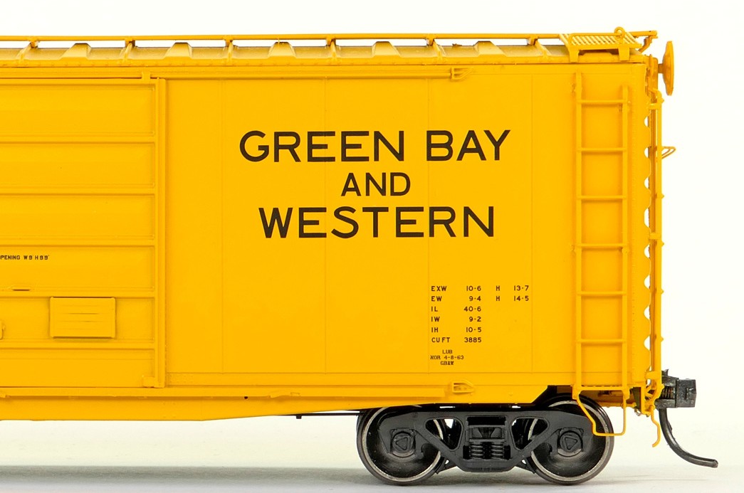 Tangent Scale Models HO 26020-02 Pullman-Standard 40′ PS-1 9′ Door Boxcar Green Bay and Western "Yellow Repaint 1963+" GBW #937