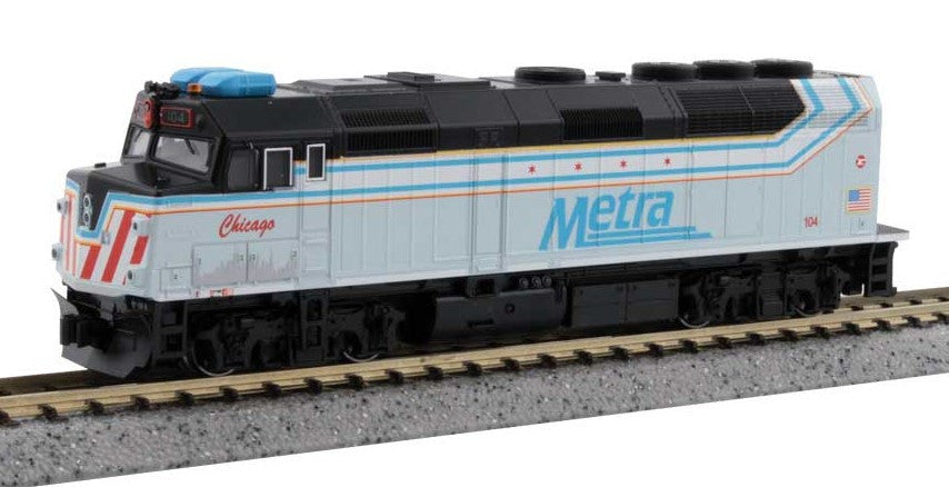 Kato N 176CHICAGO-LS-DMW with DCC/ESU LokSound V5 EMD F40PH Commuter Version Locomotive w/ Ditch Lights Metra #104 City of Chicago Commemorative Scheme