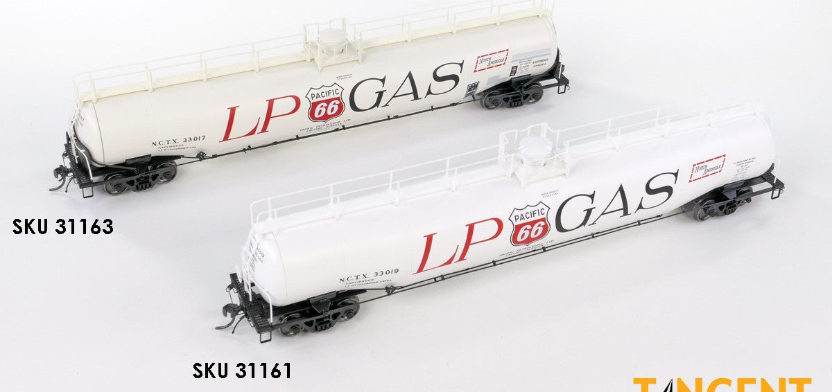 Tangent Scale Models HO 31161-01 NACC 1963 Design 33,000 Gallon Dual Diameter LPG/AA Tank Car NCTX 'Pacific 66 Calgary AB 1964' NCTX #33013