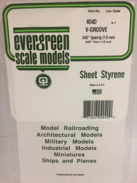 Evergreen Scale Models 4040 - .040" Thick .040" Groove Spacing Opaque White Polystyrene V-Groove Siding - 1 Piece