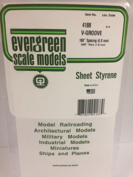Evergreen Scale Models 4188 - .040" Thick .188" Groove Spacing Opaque White Polystyrene V-Groove Siding - 1 Piece