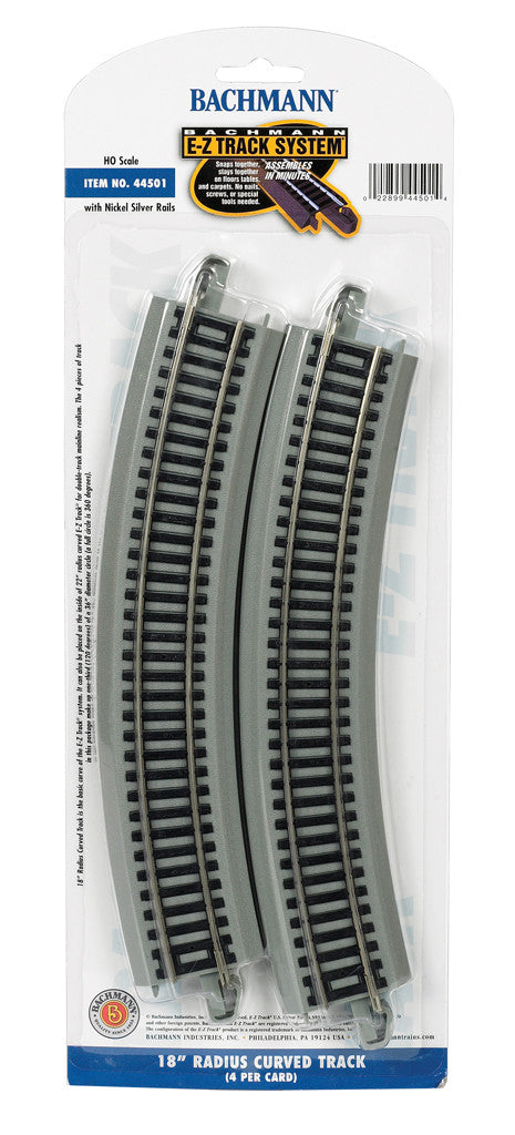 Bachmann HO 44501 Nickel Silver Rail/Gray Roadbed E-Z Track 18" Radius Curve - 4 Pack