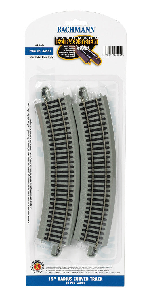Bachmann HO 44505 Nickel Silver Rail/Gray Roadbed E-Z Track 15" Radius Curve - 4 Pack