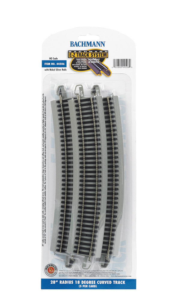 Bachmann HO 44506 Nickel Silver Rail/Gray Roadbed E-Z Track 28" Radius 18 Degree Curve - 5 Pack