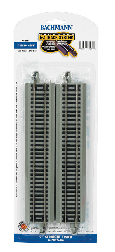 Bachmann HO 44511 Nickel Silver Rail/Gray Roadbed E-Z Track 9" Straight - 4 Pack