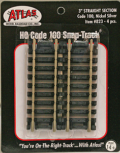 Atlas HO 823 Code 100 Snap Track Nickel-Silver Rail Black Ties 3" Straight - 4-Pack