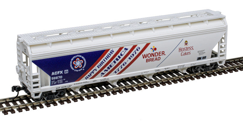 Atlas Trainman N 50007120 ACF 5250 4-Bay Centerflow Covered Hopper Wonder Bread 'Bicentennial' ACFX #56670