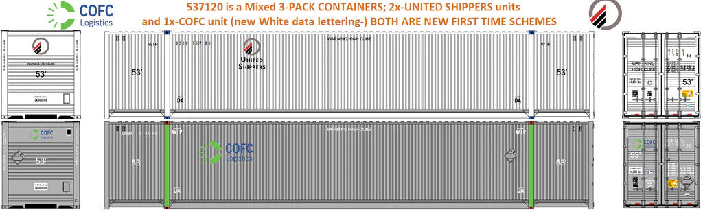 Jacksonville Terminal Company N 537120 53' High Cube Corrugated Side Containers United Shippers & COFC LOGISTICS - 3-Pack