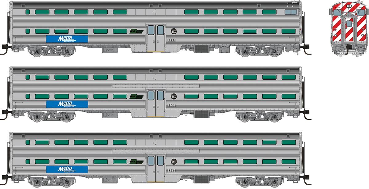 Rapido Trains Inc N 545003 Budd Gallery Commuter Cab Car & Two Coaches Metra BN Logo Set #1