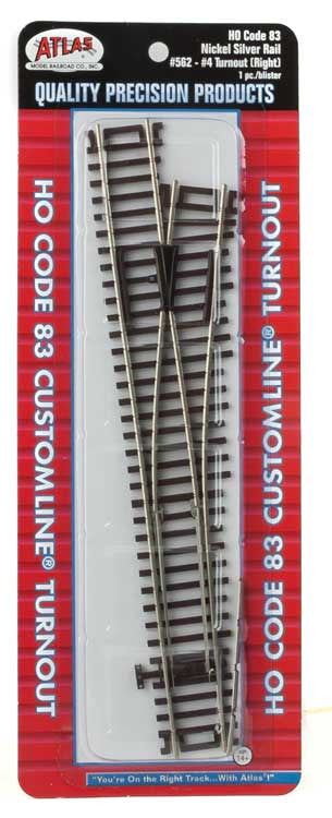 Atlas HO 562 Code 83 Nickel-Silver Rail Brown Ties Custom-Line Mark IV Turnout No. 4 - Right-Hand - 1-Piece