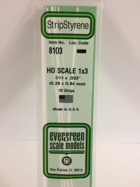 Evergreen Scale Models HO 8103 - .011" X .033" HO Scale 1X3 Strips - 10 Pieces