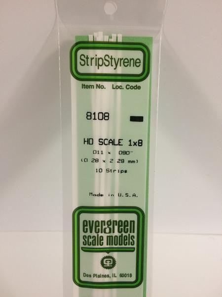 Evergreen Scale Models HO 8108 - .011" X .090" HO Scale 1X8 Strips - 10 Pieces