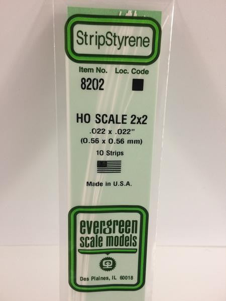 Evergreen Scale Models HO 8202 - .022" X .022" HO Scale 2X2 Strips - 10 Pieces