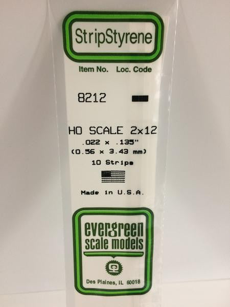Evergreen Scale Models HO 8212 - .022" X .135" HO Scale 2X12 Strips - 10 Pieces