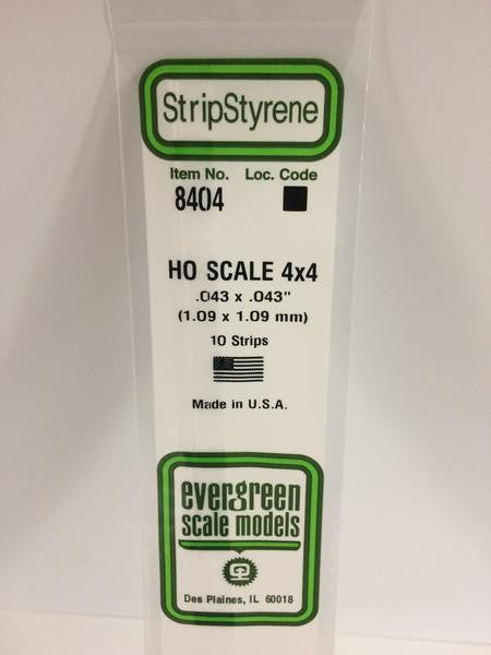 Evergreen Scale Models HO 8404 - .043" X .043" HO Scale 4X4 Strips - 10 Pieces