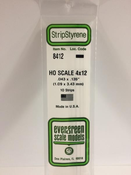 Evergreen Scale Models HO 8412 - .043" X .135" HO Scale 4X12 Strips - 10 Pieces