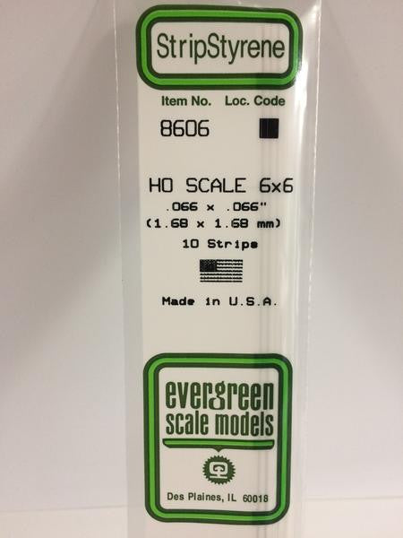 Evergreen Scale Models HO 8606 - .066" X .066" HO Scale 6X6 Strips - 10 Pieces