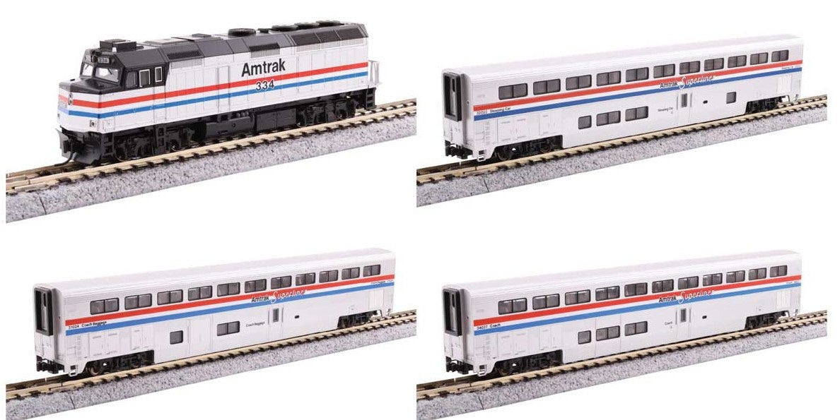 Kato N 106-3530-LS-DMW with DCC/ESU LokSound V5 Amtrak F40PH Locomotive & LIGHTED Superliner Phase III Scheme 4-Unit Set