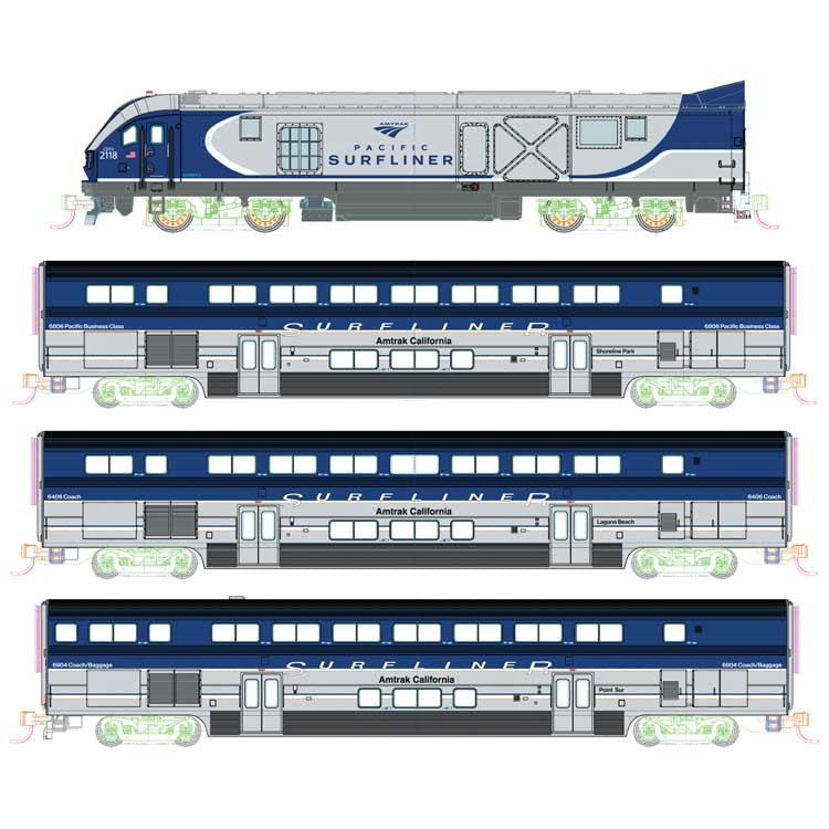 Kato N 106-9001-LS-DMW with DCC/ESU LokSound V5 and Lights Pacific Surfliner Base Train 4-Piece Set